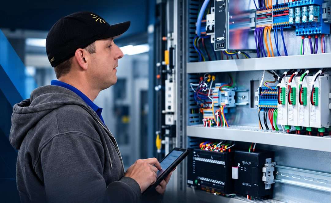 Electrical technician reviewing a commercial control panel with a tablet, illustrating CEEG Blog planning guides